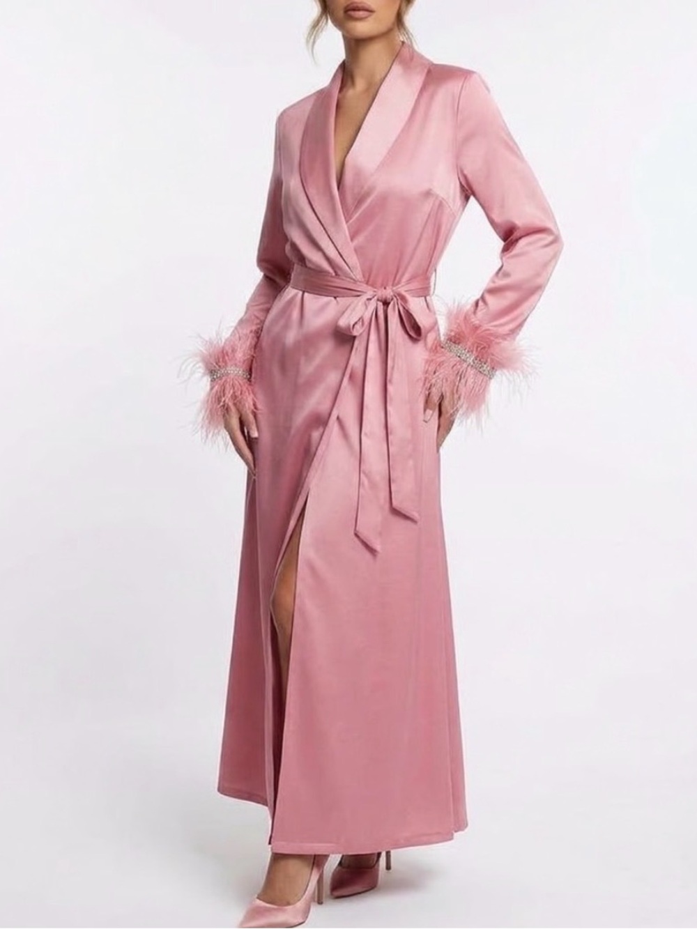 N Wardrobe Satin Feather-Trim Robe - Pink XL